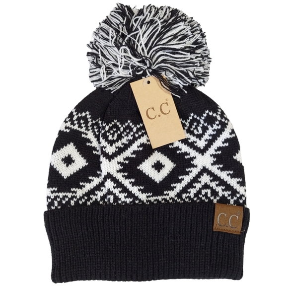 C.C Accessories - Beanie Women's Black Soft Warm knitted Hat With Pom Pom Acrylic